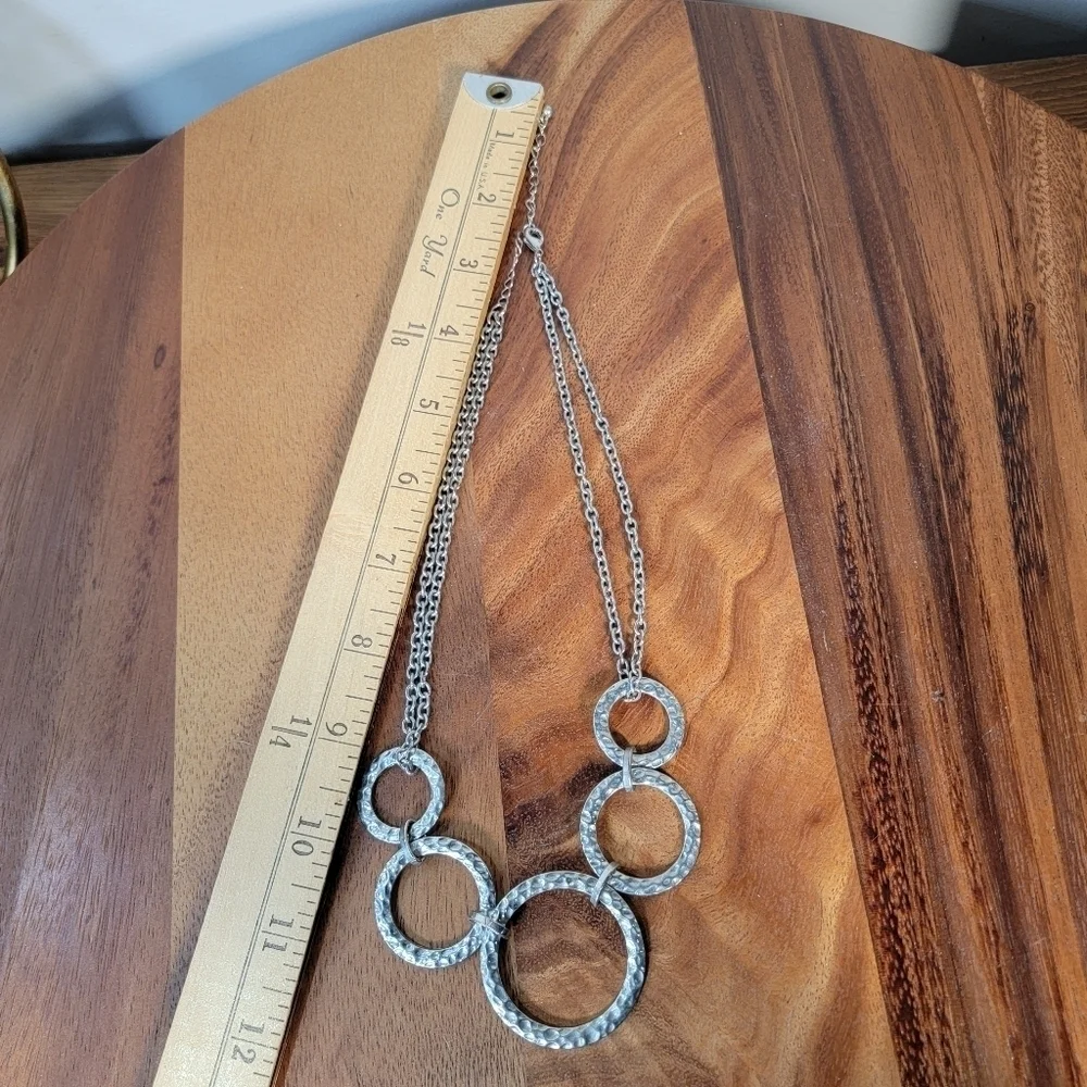 Hammered Metal Rings Silver Tone Statement Necklace Double chain